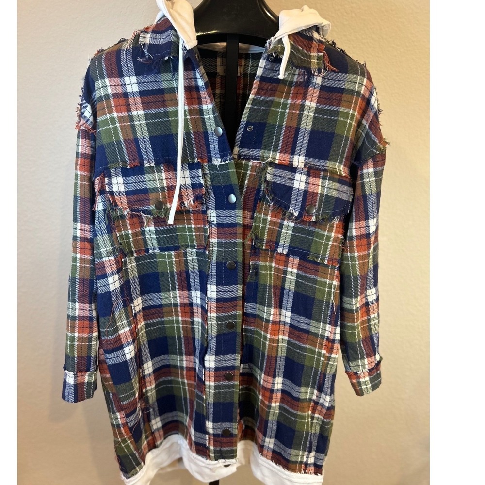 POL Women's Plaid Shacket Hooded‎ Oversized Long Sleeve Shirt Jacket Size S